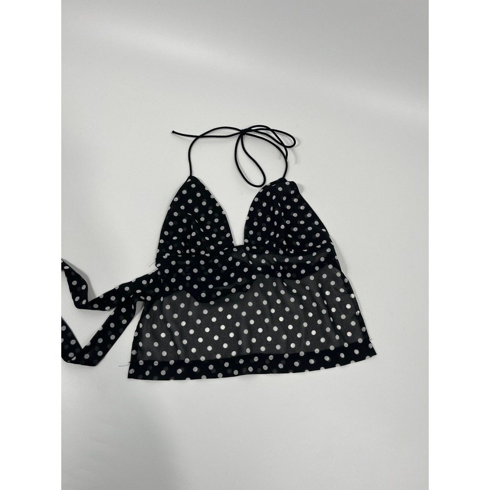 Y2K Babydoll Going Out Top Womens S Black Polka Dot Sheer Chic Minimalist - Picture 1 of 9
